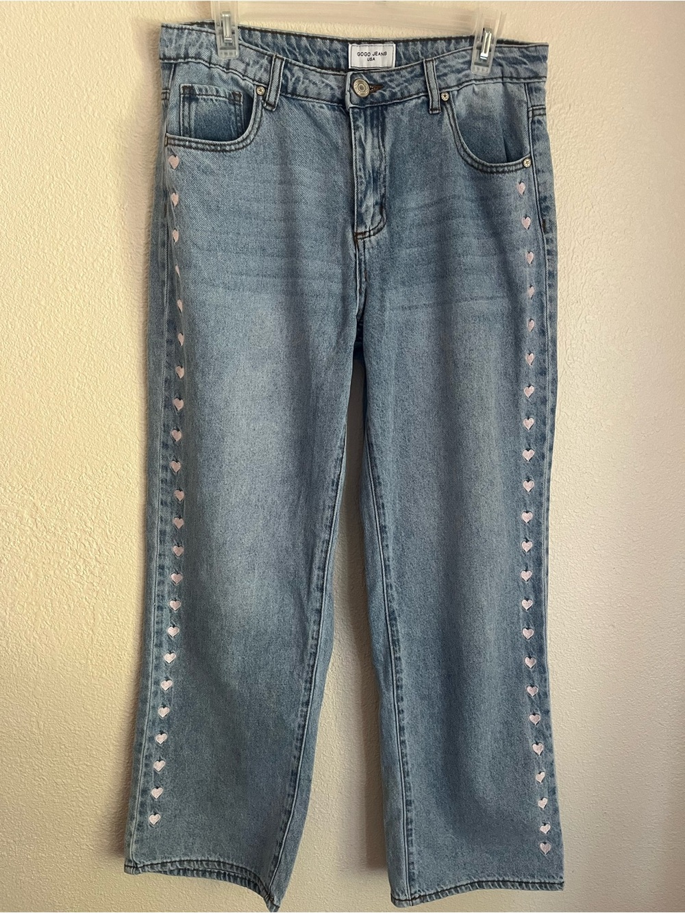 Light Wash Jeans with Side Heart Trim